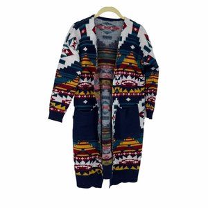 Hand knit multicolour Aztec open cardigan sweater with large pockets